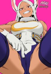 1girl animal_ears artist_collaboration artist_name assertive_female bare_shoulders between_legs boku_no_hero_academia breasts colorized commentary covered_abs covered_navel crescent_print dark-skinned_female dark_skin english_commentary fur_collar gloves grin hand_between_legs highleg highleg_leotard highres large_breasts leotard long_eyelashes long_hair looking_at_viewer mirko mirkosimps parallaxfused parted_bangs pink_background pointing_at_crotch purple_thighhighs rabbit_ears rabbit_girl red_eyes simple_background sitting sleeveless_turtleneck_leotard smile solo spread_legs tan taut_leotard thick_thighs thighhighs thighs toned toned_female twitter_username very_long_hair white_gloves white_hair white_leotard