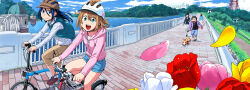 :d bad_source bicycle blue_eyes brown_hair day flower hat highres konchiki long_hair multiple_girls open_mouth original outdoors petals riding scarf short_hair skirt sky smile
