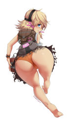 1girl artist_name ass bandaid bandaid_on_face bandaid_on_nose barefoot bikini blonde_hair blue_eyes borderlands_(series) borderlands_2 dynamite explosive female_focus from_behind full_body hair_ribbon loli looking_at_viewer ribbon short_twintails simple_background solo stormcow swimsuit third-party_edit tiny_tina tnt twintails watch wedgie white_background wristwatch