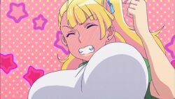 1girl animated animated_gif anime_screenshot blonde_hair blush bouncing_breasts breasts closed_eyes earrings galko gym_uniform highres huge_breasts jewelry large_breasts nail_polish oshiete!_galko-chan running sweat