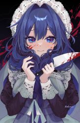 1girl apron black_dress blood blood_on_face bloody_weapon blue_eyes blue_hair closed_mouth dress grabbing_own_hair hair_intakes hair_ribbon hat heart heart-shaped_pupils heart_in_eye highres hodusae holding holding_knife hololive hololive_english kitchen_knife knife long_hair looking_at_viewer low_twintails maid_apron mob_cap official_alternate_costume official_alternate_hairstyle ouro_kronii ouro_kronii_(maid) ribbon solo symbol-shaped_pupils symbol_in_eye twintails virtual_youtuber watermark weapon white_apron white_ribbon