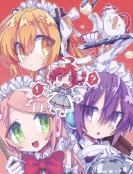 ! !? 4girls :o ? a.i._voice absurdres adachi_rei adapted_costume ahoge alternate_costume ascot belt blush bow bowtie brooch broom chibi commentary confused cup dress drill_hair enmaided floral_border food food_on_face gloves green_eyes grey_dress hair_between_eyes hair_bow hair_ornament hair_ribbon hairclip halftone halftone_background hand_up headphones highres holding holding_broom holding_tray jewelry jitome juliet_sleeves kasane_teto kasane_teto_(sv) long_hair long_sleeves looking_at_viewer maid maid_headdress mekziro momone_momo multiple_girls multiple_hair_bows nervous_sweating ojou-sama_pose one_side_up open_mouth orange_eyes orange_hair parted_lips pigeon-toed pink_hair projected_inset puffy_sleeves purple_eyes purple_hair radio_antenna red_background red_bow red_bowtie red_eyes red_hair revision ribbon rice rice_on_face serving_dome short_hair sleeve_cuffs smile sparkle spoken_exclamation_mark spoken_question_mark sugar_cube sweat swept_bangs symbol-shaped_pupils synthesizer_v tareme teacup teapot tray twin_drills utane_uta utau wavy_mouth white_ascot white_belt white_bow white_gloves white_ribbon