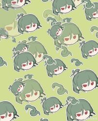 1other absurdres adagumo_no_saragimaru androgynous blunt_bangs chinese_commentary closed_mouth commentary_request corallo double-parted_bangs expressionless green_background green_hair hair_ornament head_only high_ponytail highres len&#039;en light_frown looking_at_viewer multiple_views other_focus outline ponytail red_eyes short_hair short_ponytail simple_background snake snake_hair_ornament solid_eyes watermark weibo_watermark white_outline