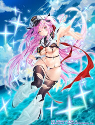 1girl bikini black_bikini black_bow blue_eyes blue_sky blush bow breasts hat highres large_breasts long_hair long_sleeves looking_at_viewer navel obiwan official_art outdoors outstretched_arm pink_hair red_bow revealing_clothes sky solo swimsuit tenryuu_yutaka thighhighs torn_clothes torn_thighhighs very_long_hair weisuoxin z/x