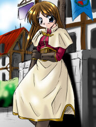 Rule 34 | 1girl, 2000s (style), acolyte (ragnarok online), banner, black gloves, blush, breasts, brown hair, capelet, closed mouth, commentary request, expressionless, feet out of frame, gloves, grey eyes, house, in-universe location, long hair, long sleeves, looking at viewer, medium breasts, ragnarok online, red shirt, shirt, skirt, solo, standing, tatsumi ray, white capelet, white skirt