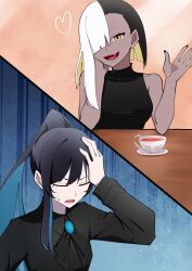 Rule 34 | 2girls, ado (utaite), black hair, black nails, black shirt, blue hair, chando (ado), colored inner hair, commentary request, cup, fang, hand on own head, head rest, heart, highres, long hair, long sleeves, lugosi (ado), mole, mole under eye, multicolored hair, multiple girls, nail polish, nori (norinori yrl), open mouth, ponytail, shirt, show (ado), sidelocks, sleeveless, sleeveless shirt, split-color hair, sweatdrop, utaite, white hair