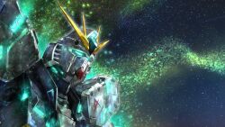 char&#039;s_counterattack close-up commentary glowing glowing_eyes green_eyes gundam hashtag-only_commentary highres mecha mecha_focus mechaklear mobile_suit no_humans nu_gundam psycho_frame robot science_fiction solo space v-fin zooming_in