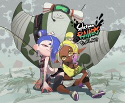 Rule 34 | 1boy, 2girls, bandages, big man (splatoon), big man (splatoon raiders), blonde hair, blue hair, colored skin, dark skin, fangs, fangs out, fishing rod, frye (splatoon), frye (splatoon raiders), goggles, goggles on head, gradient hair, grass, hair bun, hair over one eye, highres, inkling, manta ray, midriff, momobosi, multicolored hair, multicolored skin, multiple girls, navel, nintendo, octoling, outdoors, pointy ears, poses, radio antenna, red eyes, sandals, seductive smile, shiver (splatoon), shiver (splatoon raiders), shorts, sidelocks, simple background, smile, splatoon (series), splatoon raiders, squid girl, star-shaped pupils, star (symbol), symbol-shaped pupils, tentacle hair, tied up hair, two-tone hair, two-tone skin, yellow eyes