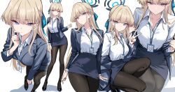 1girl black_pantyhose blazer blonde_hair blue_archive blue_eyes blue_halo blue_jacket blue_skirt braid breasts collared_shirt halo high_heels highres id_card jacket lanyard long_hair looking_at_viewer medium_breasts multicolored_hair multiple_views office_lady pantyhose parted_lips pencil_skirt shigure_s shirt shirt_tucked_in simple_background skirt streaked_hair toki_(blue_archive) v very_long_hair white_background white_shirt