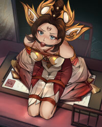 1girl absurdres arms_behind_back ball_gag bdsm bondage bound bound_arms bound_legs bound_torso breasts drooling female_focus gag gagged highres kneeling restrained rope saliva saliva_trail shibari shibari_over_clothes solo wangzhe_rongyao wwwwumu