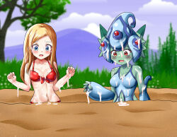 2girls aqua_skin bikini blonde_hair blue_eyes blue_one-piece_swimsuit blue_sky blush breasts bukkake clothing_cutout collarbone colored_skin confused cum cum_on_arms cum_on_body cum_on_breasts cum_on_clothes cum_on_stomach cum_on_upper_body day digimon digimon_(creature) digimon_frontier dot_nose embarrassed eyebrows eyelashes facial female_focus hands_up implied_hetero long_hair looking_down medium_breasts multiple_girls navel navel_cutout one-piece_swimsuit open_mouth orimoto_izumi outdoors petite quicksand ranamon red_bikini red_eyes sky swimsuit unholysoul upper_body