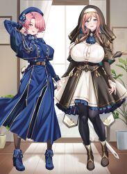 Rule 34 | 2girls, absurdres, arimura mao, arm up, ascot, beret, black pantyhose, blue ascot, blue boots, blue dress, blue eyes, blue hat, blue ribbon, blush, boots, breasts, brown boots, brown hair, commentary request, dress, full body, gakuen idolmaster, hat, hat ribbon, high heel boots, high heels, highres, himesaki rinami, idolmaster, indoors, knee boots, large breasts, long dress, long hair, long sleeves, looking at viewer, multiple girls, pantyhose, pink hair, plant, potted plant, ribbon, shirokuma a, standing
