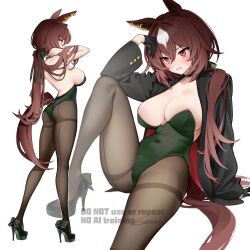 1girl animal_ears arm_support ass bare_shoulders black_gloves black_pantyhose blush bow brown_hair brown_tail choker clenched_teeth covered_navel full_body gloves green_bow green_choker green_leotard grimace hair_between_eyes highleg highleg_leotard highres horse_ears horse_girl horse_tail jacket leotard long_hair low_ponytail multicolored_hair multiple_views nontraditional_playboy_bunny pantyhose pantyhose_under_leotard ponytail red_eyes simple_background sirin_(sirin_8_8) sirius_symboli_(umamusume) strapless strapless_leotard streaked_hair sweat sweatdrop tail teeth thighband_pantyhose umamusume very_long_hair watermark white_background white_hair