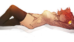 Rule 34 | 1girl, absurdres, arm up, bad id, bad pixiv id, black thighhighs, breasts, collared shirt, commentary request, artistic error, feet out of frame, hair between eyes, highres, knee up, medium breasts, no pants, orange hair, original, parted lips, red eyes, shirt, sketch, solo, tarbo (exxxpiation), thighhighs, white background, white shirt, wrong hand