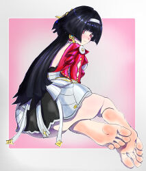 1girl astra_yao barefoot black_hair blush feet hairband highres lei_abu long_hair looking_at_viewer red_eyes soles toes zenless_zone_zero