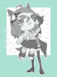 Rule 34 | 1girl, animal ears, blue eyes, character doll, doll, doqute stuffed doll, fuji kiseki (umamusume), full body, greyscale with colored background, high heels, highres, horse ears, horse girl, horse tail, hugging doll, hugging object, jungle pocket (umamusume), long sleeves, michia (bourgognepony), notice lines, open mouth, red thighhighs, sailor collar, school uniform, shirt, short hair, short sleeves, skirt, smile, solo, standing, standing on one leg, tail, thighhighs, tracen school uniform, umamusume