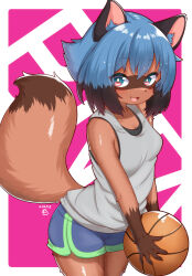 1girl animal_ears ball basketball_(object) blue_hair blue_shorts border brand_new_animal breasts brown_fur brown_hair brown_tail commentary_request cowboy_shot dolphin_shorts furry furry_female green_eyes green_trim grey_tank_top highres holding holding_ball horokusa_(korai) kagemori_michiru looking_at_viewer multicolored_hair open_mouth outside_border pink_background raccoon_ears raccoon_girl raccoon_tail short_hair short_shorts shorts small_breasts smile solo standing tail tank_top two-tone_hair white_border