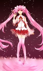 1girl boots detached_sleeves female_focus flower hair_flower hair_ornament haran hatsune_miku long_hair pink_boots pink_eyes pink_hair sakura_miku see-through_clothes skirt smile solo thigh_boots thighhighs twintails very_long_hair vocaloid yamaha