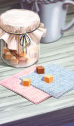 blurry blurry_background candy chocolate commentary cube cup depth_of_field fate/grand_order fate_(series) food food_focus fudge mason_jar mug no_humans official_art still_life string third-party_source xxxxay