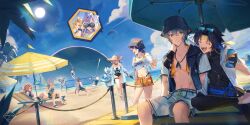 Rule 34 | 6+boys, 6+girls, absurdres, alternate costume, anby demara, animal ears, arm around shoulder, asaba harumasa, beach, beach umbrella, beach volleyball, belle (summer skies) (zenless zone zero), belle (zenless zone zero), bikini, bikini top under shirt, bikini under clothes, bikini under shorts, billy kid, binoculars, black gloves, black one-piece swimsuit, black vest, black wetsuit, blonde hair, blue oni, blue skin, blue sky, bow, bucket hat, buttons, can, cloud, colored skin, crop top, day, eating, eyewear on head, fish hat, fox ears, fox girl, glasses, gloves, green eyes, grey hair, hair between horns, hair bow, hair ornament, hair ribbon, hat, headband, highres, holding, holding binoculars, holding can, holding weapon, hollow (zenless zone zero), hood, hooded jacket, hooded vest, hoodie, horizon, horns, hoshimi miyabi, hugo vlad, innertube, jacket, letter hair ornament, lighter (zenless zone zero), lyrie luna, male swimwear, multicolored horns, multiple boys, multiple girls, navel, nicole demara, nicole demara (cunning cutie), ocean, off-shoulder shirt, off shoulder, one-piece swimsuit, oni, open clothes, open jacket, open vest, orange bikini, orange shorts, outdoors, palm tree, paraglider, partially fingerless gloves, pink hair, purple hair, ribbon, sand, sandals, see-through clothes, see-through shirt, seth lowell, shirt, shore, shorts, sitting, sky, sleeveless, sleeveless jacket, slippers, soukaku (zenless zone zero), summer, sun, swim ring, swim trunks, swimsuit, tied shirt, topless male, towel, towel around neck, tree, tsukishiro yanagi, two-tone horns, two-tone one-piece swimsuit, two side up, umbrella, vest, vivian banshee, volleyball net, water, weapon, white bow, white hair, white jacket, white one-piece swimsuit, white shorts, wise (peaceful waves) (zenless zone zero), wise (zenless zone zero), yellow headband, yellow ribbon, zenless zone zero