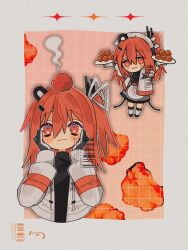 Rule 34 | 1girl, :3, a.i. voice, adachi rei, adapted costume, alternate costume, apron, black gloves, black shirt, chibi, chibi inset, chicken (food), closed mouth, enmaided, food, food on head, fried chicken, gloves, grey skirt, grid background, hair between eyes, hands on own cheeks, hands on own face, highres, holding, holding plate, jacket, long sleeves, looking at viewer, maid, maid headdress, multiple views, nasi (na si), object on head, open clothes, open jacket, orange eyes, orange hair, plate, shirt, skirt, steam, utau, watermark, white apron, white jacket