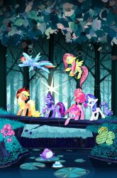 Rule 34 | animal, animal focus, applejack, blonde hair, brass stars, comic cover, commentary request, cowboy hat, cutie mark, fluttershy, flying, frog, hat, highres, horse, lily pad, mane six (my little pony), multicolored hair, my little pony, my little pony: friendship is magic, my little pony (idw), nature, no humans, official art, outdoors, pegasus, pink hair, pinkie pie, pony (animal), purple hair, rainbow dash, rainbow hair, rarity (my little pony), scenery, tail, tree, twilight sparkle, unicorn, water, wings