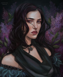 Rule 34 | 1girl, absurdres, artist name, black choker, black hair, choker, flower, highres, katerina elfimova, long hair, looking at viewer, pendant choker, portrait, purple eyes, purple flower, solo, the witcher (series), yennefer of vengerberg