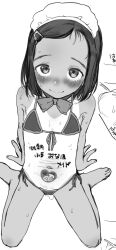 1girl arm_support bdsm bikini blush body_writing bow bowtie flat_chest forehead greyscale haguhagu_(rinjuu_circus) hair_ornament hairclip highres implied_after_sex implied_pregnancy loli maid_headdress medium_hair monochrome navel original simple_background sitting smile spread_legs suggestive_fluid swimsuit tan tanline wariza white_background