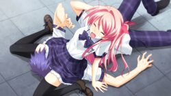 Rule 34 | 1boy, 1girl, accident, accidental pervert, antenna hair, arm support, arm up, black thighhighs, blue hair, blush, bow, bowtie, breasts, brown shoes, chaos;head, chaos;head love chu chu!, face in crotch, game cg, hair bow, hand in own hair, hand on own head, head between thighs, head under another&#039;s clothes, head under skirt, knee up, kneeling, loafers, long hair, lying, matsuo yukihiro, medium breasts, messy hair, miniskirt, nishijou takumi, non-web source, official art, on back, one side up, open mouth, outdoors, outstretched arms, pants, pink hair, plaid bow, plaid bowtie, plaid clothes, plaid pants, plaid skirt, plaid sleeves, plaid trim, pleated skirt, purple bow, purple bowtie, purple pants, purple trim, red bow, sakihata rimi, shiny skin, shirt, shoes, short hair, short sleeves, side ponytail, sitting, sitting on chest, sitting on face, sitting on person, skirt, spiked hair, thick thighs, thighhighs, thighs, tile floor, tiles, tongue, under another&#039;s clothes, under skirt, unlikely accident, wariza, white petticoat, zettai ryouiki