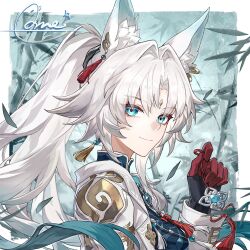 1boy 1girl animal_ear_fluff animal_earrings animal_ears artist_name bamboo blue_eyes chinese_knot closed_mouth earrings facial_mark feixiao_(honkai:_star_rail) forehead_mark gloves honkai:_star_rail honkai_(series) jewelry leaf long_hair looking_at_viewer male_focus multicolored_hair ponytail qqqne smile solo tassel upper_body white_hair