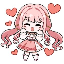 1girl ^_^ artist_request belt black_belt blush_stickers bow bow_legwear bra_strap brown_ribbon center_frills chibi choker closed_eyes frilled_skirt frilled_sleeves frills hair_intakes hair_ribbon hands_on_own_cheeks hands_on_own_face heart infinity_nikki kneehighs layered_skirt long_hair long_sleeves low_twintails lowres medium_skirt nikki_(nikki) nikki_(series) non-web_source off-shoulder_shirt off_shoulder official_art open_mouth perfect_start_(infinity_nikki) pink_bow pink_choker pink_hair pink_shoes pink_skirt pleated_skirt puffy_long_sleeves puffy_sleeves ribbon shirt shoes sidelocks skirt smile socks solo standing transparent_background tress_ribbon twintails very_long_hair wavy_hair white_shirt white_skirt white_socks