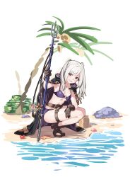 1girl bare_legs beach belt bikini blush breasts brown_eyes brown_gloves cleavage female_robin_(fire_emblem) female_robin_(seaside_tactician)_(fire_emblem) fire_emblem fire_emblem_awakening fire_emblem_heroes gloves grey_hair highres jewelry long_hair looking_at_viewer medium_breasts navel necklace nintendo o-ring o-ring_bikini official_alternate_costume open_mouth palm_tree polearm purple_bikini robe shell smile solo starfish swimsuit tpicm tree trident twintails underboob weapon
