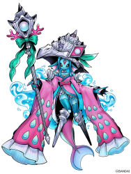 1girl ariemon bare_shoulders black_sclera blue_skin colored_sclera colored_skin digimon digimon_(creature) digimon_card_game digimon_liberator facial_mark fins forehead_mark full_body head_fins holding holding_staff japanese_clothes kimono off_shoulder pink_eyes pink_kimono solo staff water