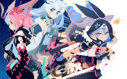 Rule 34 | 5girls, animal ear hood, animal ears, beret, black bodysuit, black gloves, black jacket, black shorts, blue eyes, bodysuit, breasts, bronya zaychik, bronya zaychik (haxxor bunny), brown hair, bullpup, closed mouth, dress, drill hair, fake animal ears, fox ears, full body, gloves, green necktie, grey eyes, grey hair, grin, gun, hat, herrscher of sentience, herrscher of sentience (onyx simurgh), highres, holding, holding gun, holding weapon, honkai (series), honkai impact 3rd, hood, jacket, knee pads, large breasts, long hair, looking at viewer, multiple girls, necktie, ninja, p90, pink hair, projecttiger, rita rossweisse, rita rossweisse (fallen rosemary), shorts, single knee pad, smile, submachine gun, tareme, teeth, theresa apocalypse, theresa apocalypse (twilight paladin), theresa apocalypse (verdant sky), tongue, tongue out, twin drills, weapon, white dress, white hair, yae kasumi, yae kasumi (neon shade), yae sakura
