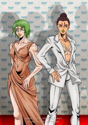 2girls absurdres alternate_costume artist_name blue_eyes breasts brown_hair dress foo_fighters_(jojo) formal_clothes green_hair grey_eyes hand_on_own_hip hermes_costello highres jojo_no_kimyou_na_bouken kurisu_draws large_breasts lips multiple_girls runway suit tomboy transparent_bikini