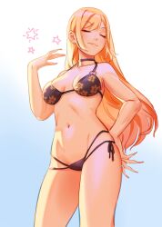 Rule 34 | absurdres, barbell piercing, bikini, black bikini, black choker, blonde hair, choker, closed eyes, closed mouth, colored tips, dnaitari, ear piercing, fake nails, floral print, floral print bikini, gradient background, gyaru, hand on own hip, highres, kitagawa marin, kogal, light smile, long hair, multi-strapped bikini bottom, multicolored hair, navel, piercing, pink nails, print bikini, sono bisque doll wa koi wo suru, swept bangs, swimsuit