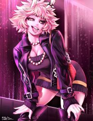 1girl absurdres alternate_costume artist_name ashido_mina bead_necklace beads black_sclera boku_no_hero_academia boots breasts cleavage collarbone colored_sclera colored_skin earrings female_focus hands_on_own_knees hhholic highres horns jacket jewelry large_breasts leather leather_jacket looking_at_viewer messy_hair necklace open_mouth pink_hair pink_skin short_hair smile solo spiked_hair_ornament teeth thigh_boots tongue tongue_out twitter_username upper_teeth_only yellow_eyes