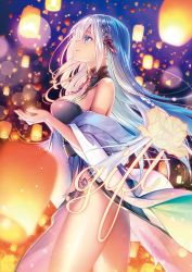 1girl bad_id bad_twitter_id blue_eyes breasts choker cowboy_shot female_focus floating_hair from_side hair_ornament lantern large_breasts long_hair original paper_lantern silver_hair solo standing very_long_hair yuasa_akira