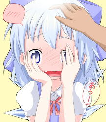 1girl 1other blue_bow blue_dress blue_eyes blue_hair blush bow cirno dress embarrassed hair_bow hand_on_another&#039;s_head ice ice_wings makuran medium_hair neck_ribbon nose_blush pinafore_dress puffy_short_sleeves puffy_sleeves red_ribbon ribbon shirt short_sleeves sleeveless sleeveless_dress solo_focus touhou upper_body white_shirt wings yellow_background
