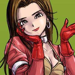 1girl aira_(dq7) breasts brown_bustier brown_hair cleavage collarbone commentary_request dragon_quest dragon_quest_vii earrings gloves green_background grey_eyes hand_on_own_cheek hand_on_own_face head_tilt highres hoop_earrings jacket jewelry long_hair looking_at_viewer parted_hair pekuchin_(pekuchin_3) red_gloves red_jacket red_lips silver_earrings sketch solo upper_body