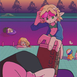 3girls :d :o absurdres adjusting_eyewear ball beachball bikini bird black_hat blonde_hair blush bow braid chicken closed_eyes cookie_(touhou) cowboy_shot daikon dual_persona flat_chest foreshortening green_bikini green_eyes hair_bow hat hat_bow highres joker_(cookie) kirisame_marisa long_hair mizuhashi_parsee muimui_(4242564muimui) multiple_girls navel open_mouth palm_tree pink-tinted_eyewear pointy_ears pool purple_innertube radish red_bow reu_daikon short_hair side_braid single_braid smile star_(symbol) sunglasses suzu_(cookie) swimsuit the_chicken_that_appears_in_the_middle_of_cookie tile_floor tiles tinted_eyewear touhou tree unworn_hat unworn_headwear vaporwave white_bow witch_hat