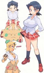 1girl alternate_breast_size alternate_universe bare_legs black_hair black_socks blue_eyes blush_stickers breast_pocket breasts bright_pupils brown_footwear collared_shirt dark-skinned_female dark_skin earrings full_body gen_3_pokemon grin gyaru highres holding holding_poke_ball inkerton-kun jewelry large_breasts lass_(pokemon) lips looking_at_viewer medium_hair miniskirt multiple_views naughty_face nintendo one_eye_closed open_mouth orange_skirt outstretched_arm pleated_skirt pocket poke_ball pokemon pokemon_rse ribbed_socks riding riding_pokemon shiny_skin shirt shoes short_hair short_sleeves shroomish simple_background skirt smile socks spiked_hair standing thong white_background white_shirt wide_hips wink