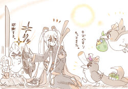 1girl armband berry_(pokemon) bird coat commentary creatures_(company) dated duck farfetch&#039;d fighting_miku_(project_voltage) food galarian_farfetch&#039;d game_freak gen_1_pokemon gen_8_pokemon grass hatsune_miku holding holding_food holding_vegetable long_hair looking_back monochrome mouth_hold necktie nintendo on_one_knee oran_berry pokemon pokemon_(creature) potion_(pokemon) project_voltage rock shuri_(syurigame) signature sirfetch&#039;d sitrus_berry sparkle spot_color spring_onion spring_onion_print sweatdrop translation_request twintails vegetable very_long_hair vocaloid