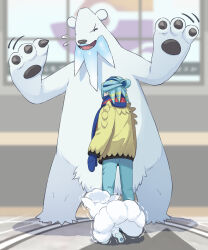 1boy alolan_form alolan_vulpix aqua_hair beartic blue_mittens blue_scarf blurry blurry_background commentary_request flying_sweatdrops gen_5_pokemon gen_7_pokemon grusha_(pokemon) hair_bun highres jacket male_focus min_(myna8247) mittens nintendo pants pokemon pokemon_(creature) pokemon_sv scarf standing striped_clothes striped_scarf trembling yellow_jacket