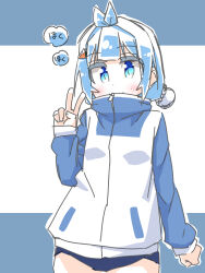 Rule 34 | 1girl, asano yagura, blue buruma, blue eyes, blue hair, blue jacket, blush, bun cover, buruma, carrot hair ornament, dot nose, female focus, food-themed hair ornament, hair bun, hair ornament, high collar, highres, itsumo hokuto, jacket, long sleeves, looking at viewer, shakunetsu no takkyuu musume, single hair bun, smile, solo, standing, track jacket, turtleneck, turtleneck jacket, v