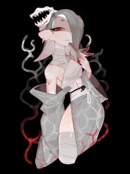 1girl chest_sarashi earrings grey_hair hair_over_one_eye highres jewelry long_hair looking_at_viewer nintendo octoling pants pointy_ears red_eyes sarashi shiver_(splatoon) solo splatoon_(series) splatoon_3 suction_cups tentacle_hair usa37107692