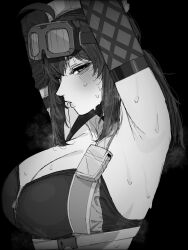 1girl armpits arms_up black_background breasts carrot_011 cleavage goggles goggles_on_head grace_howard greyscale hair_between_eyes half-closed_eyes highres large_breasts looking_at_viewer monochrome sidelocks simple_background sketch solo steaming_body sweat sweatdrop upper_body zenless_zone_zero