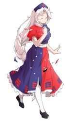 1girl arm_at_side black_shoes blue_dress blue_hat braid breasts closed_eyes closed_mouth collared_dress commentary_request constellation_print cross cross_print curtained_hair dairi defeat dress flats frilled_sleeves frills full_body hand_up hat highres large_breasts large_variant_set long_hair looking_at_viewer messy_hair multicolored_dress nurse_cap pantyhose print_dress puffy_short_sleeves puffy_sleeves red_cross red_dress scratches shoes short_sleeves sidelocks simple_background single_braid solo sweatdrop tachi-e torn_clothes torn_dress touhou transparent_background v-shaped_eyebrows variant_set very_long_hair walking white_hair white_pantyhose white_petticoat yagokoro_eirin