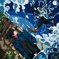 1boy 1other ahoge amulet androgynous black_hair black_hakama blue_eyes blue_kimono blue_sky braid braided_ponytail cloud fate/samurai_remnant fate_(series) hair_intakes hakama highres japanese_clothes kimono miyamoto_iori_(fate) moon night night_sky sandals secretmirage separated sidelocks single_braid sky sword sword_on_back topknot walking walking_on_liquid water water_drop weapon weapon_on_back yamato_takeru_(fate) yellow_eyes