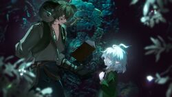 2boys age_difference aged_down ahoge androgynous arm_behind_back backlighting black_horns black_pants blue_eyes blue_hair blurry blurry_foreground book braid brown_eyes cheek_tattoo child chinese_commentary collared_shirt colored_eyelashes commentary_request cowboy_shot curled_horns elbow_gloves eye_contact face-to-face floating floating_object gatling_pea_(plants_vs._zombies) gloves green_hair green_jacket grey_gloves grey_shirt grin height_difference high-waist_pants highres horns jacket looking_at_another male_focus medium_hair multiple_boys no_mouth open_clothes open_jacket outdoors pale_skin pants personification photo_background plant plants_vs._zombies plants_vs._zombies_2 pointy_ears profile shadow_peashooter_(plants_vs._zombies) shirt shirt_tucked_in siiiiiiiiiii smile standing tattoo twin_braids upper_body